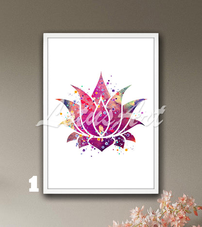 Lotus flower watercolor print in vivid pink, purple and multicolor tones, zen yoga wall decor and spiritual meditation gift