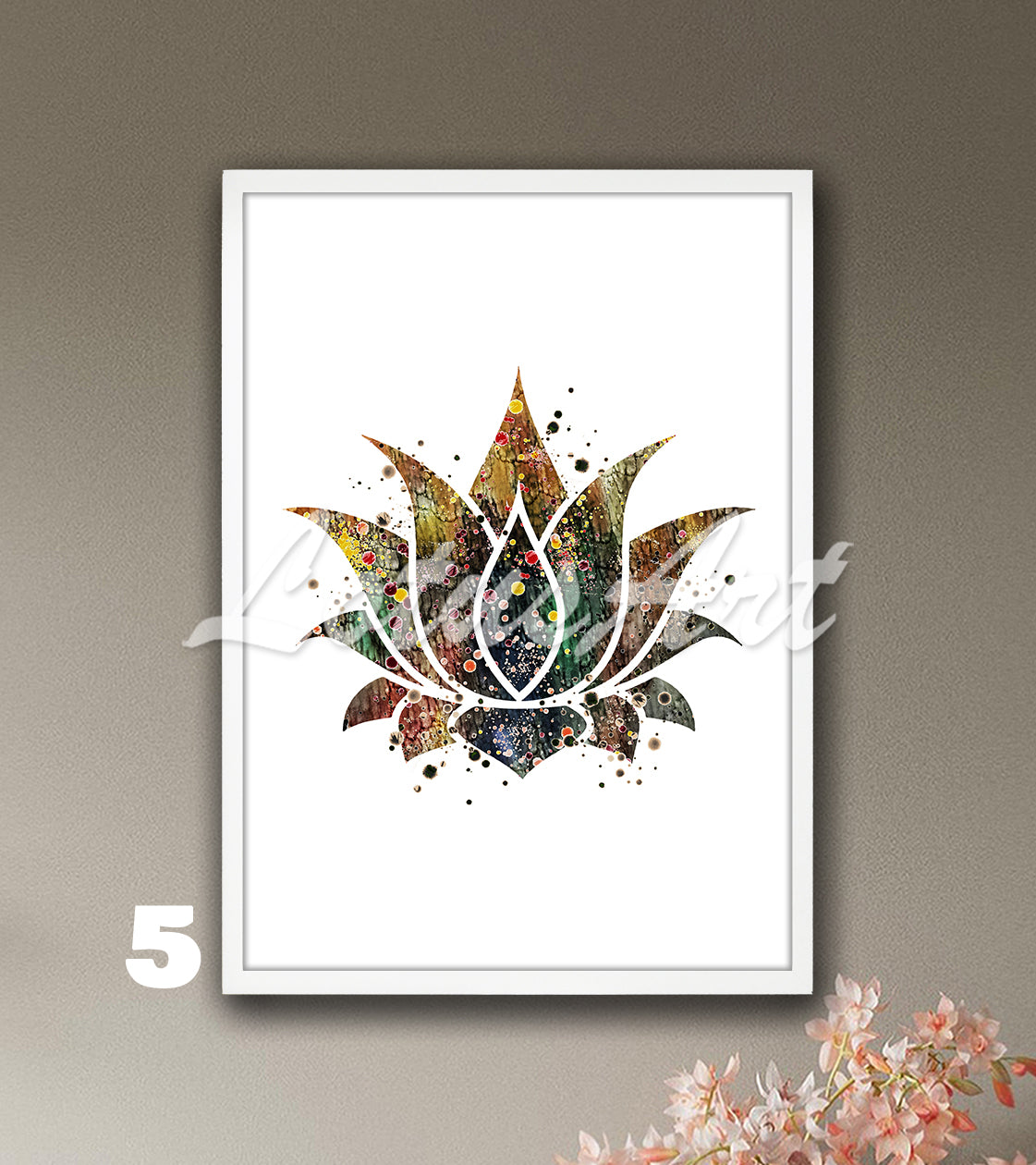 Lotus flower watercolor wall art print in brown and green tones, elegant yoga studio wall decor and meditation room gift