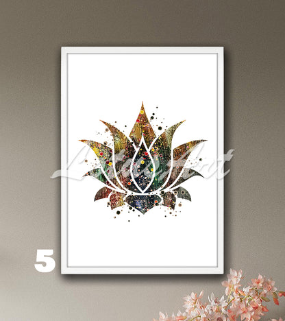 Lotus flower watercolor wall art print in brown and green tones, elegant yoga studio wall decor and meditation room gift