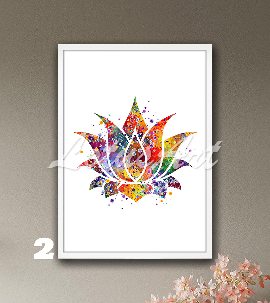 Lotus flower watercolor painting in vivid multicolor tones, colorful yoga studio wall decor and spiritual teacher gift