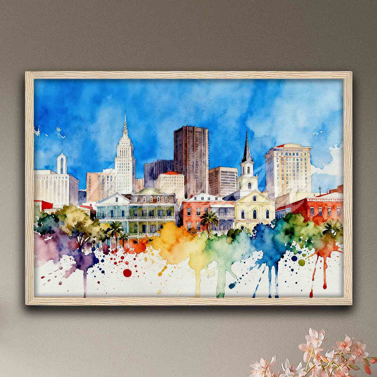 Louisiana Big Easy watercolor poster in natural wood frame, New Orleans Cityscape wall art & colorful southern cityscape gift