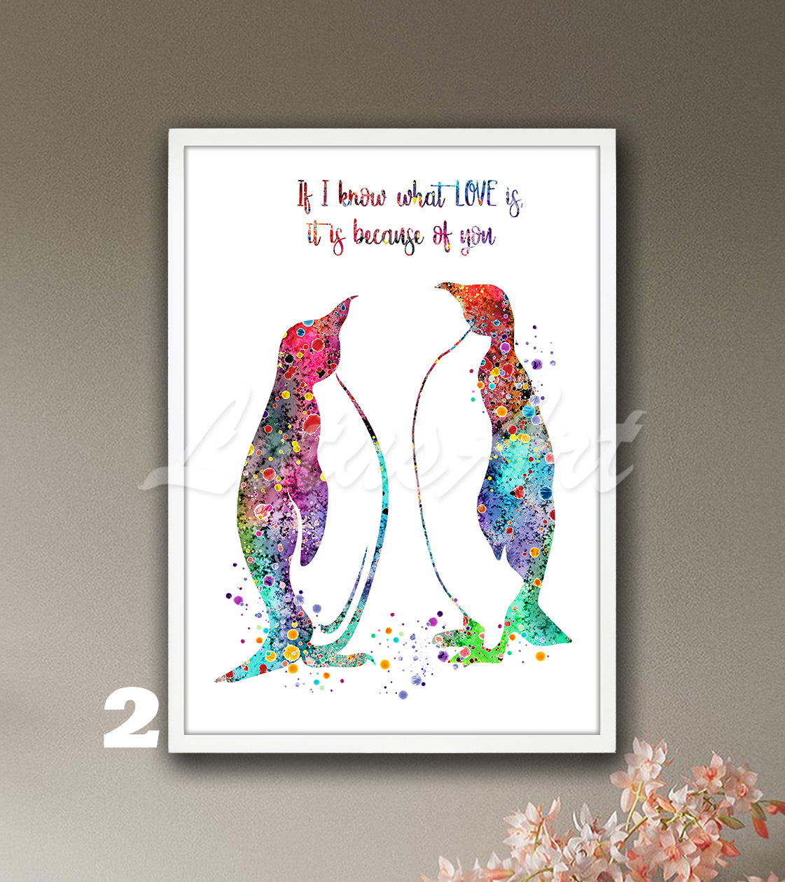 Love couple penguins watercolor art print with family quote in rainbow tones, romantic gift