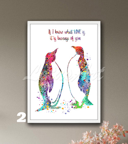 Love couple penguins watercolor art print with family quote in rainbow tones, romantic gift