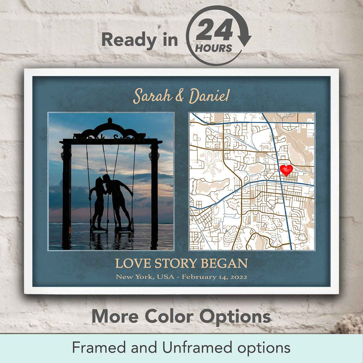 Love Story custom location map wall decor on slate blue background, personalized couple photo print & anniversary gift