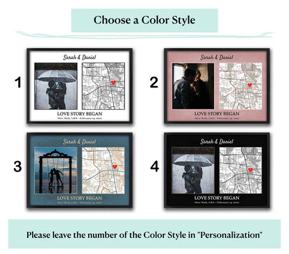 Love Story custom location map poster with 4 color style options, personalized couple photo & first date gift