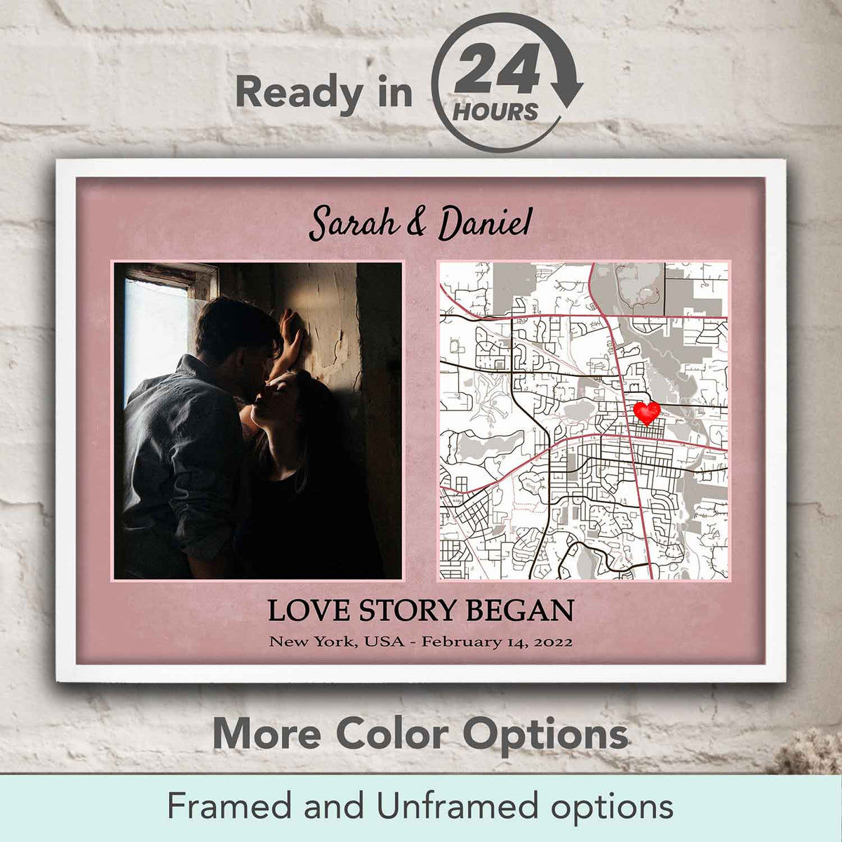 Personalized Love Story location map wall art on pastel pink background, couple photo print & anniversary gift