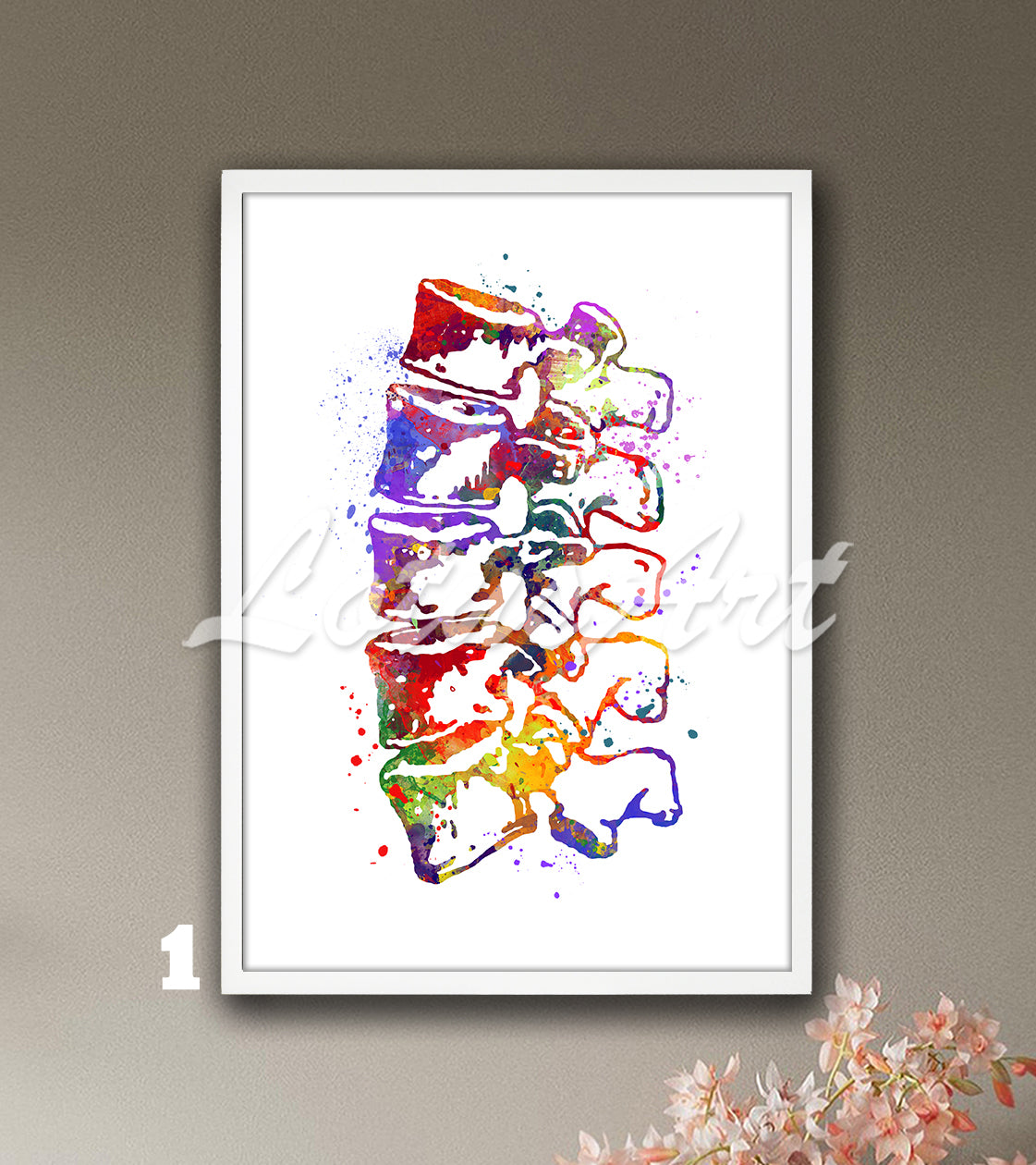 Art print of a multi-colored watercolor painting showing the lumbar vertebrae of the spine.