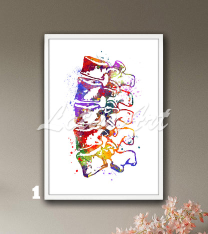 Art print of a multi-colored watercolor painting showing the lumbar vertebrae of the spine.