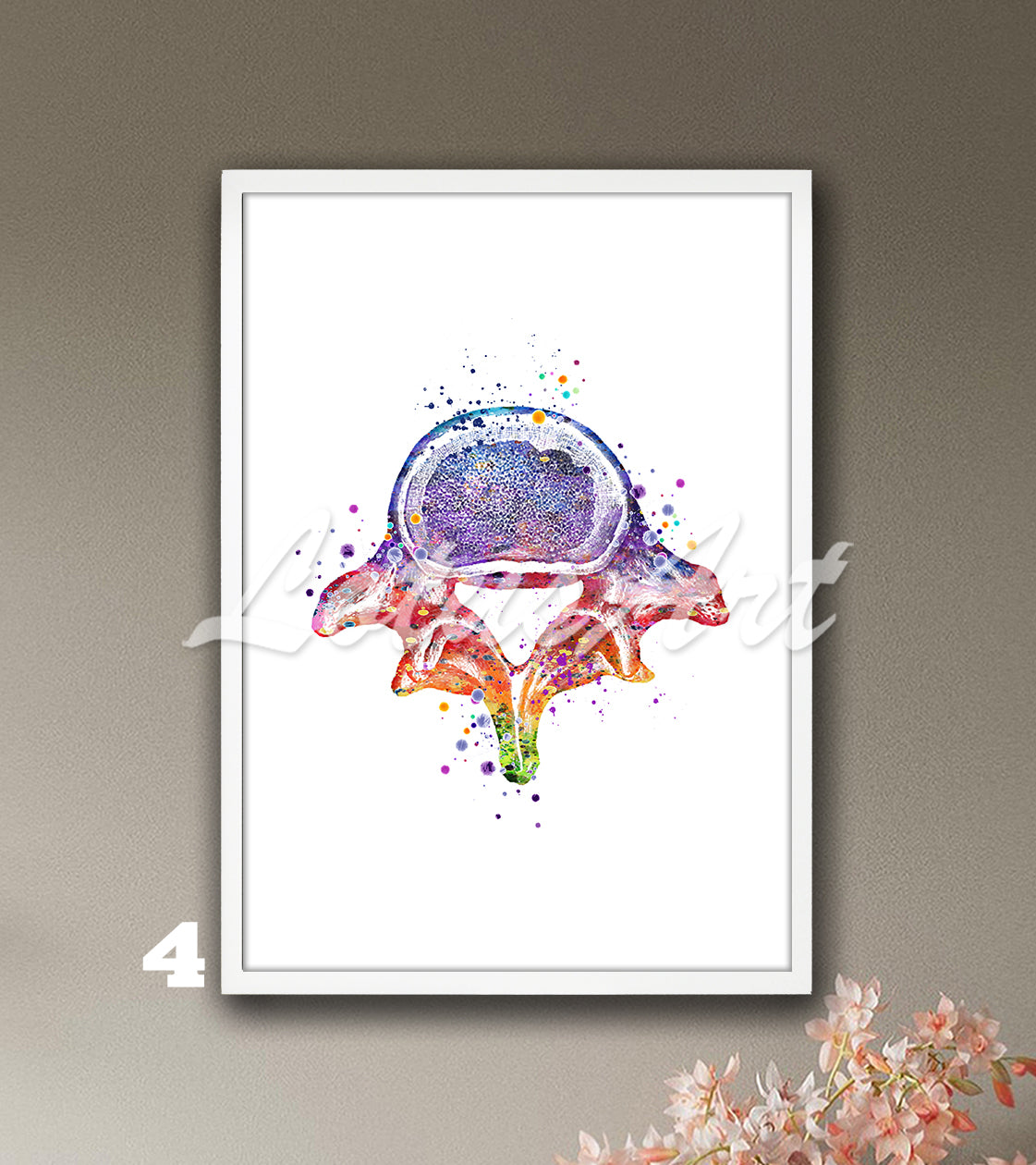 Lumbar vertebrae spine anatomy watercolor wall art decor in rainbow tones, medical wall decor for clinics & doctors gift