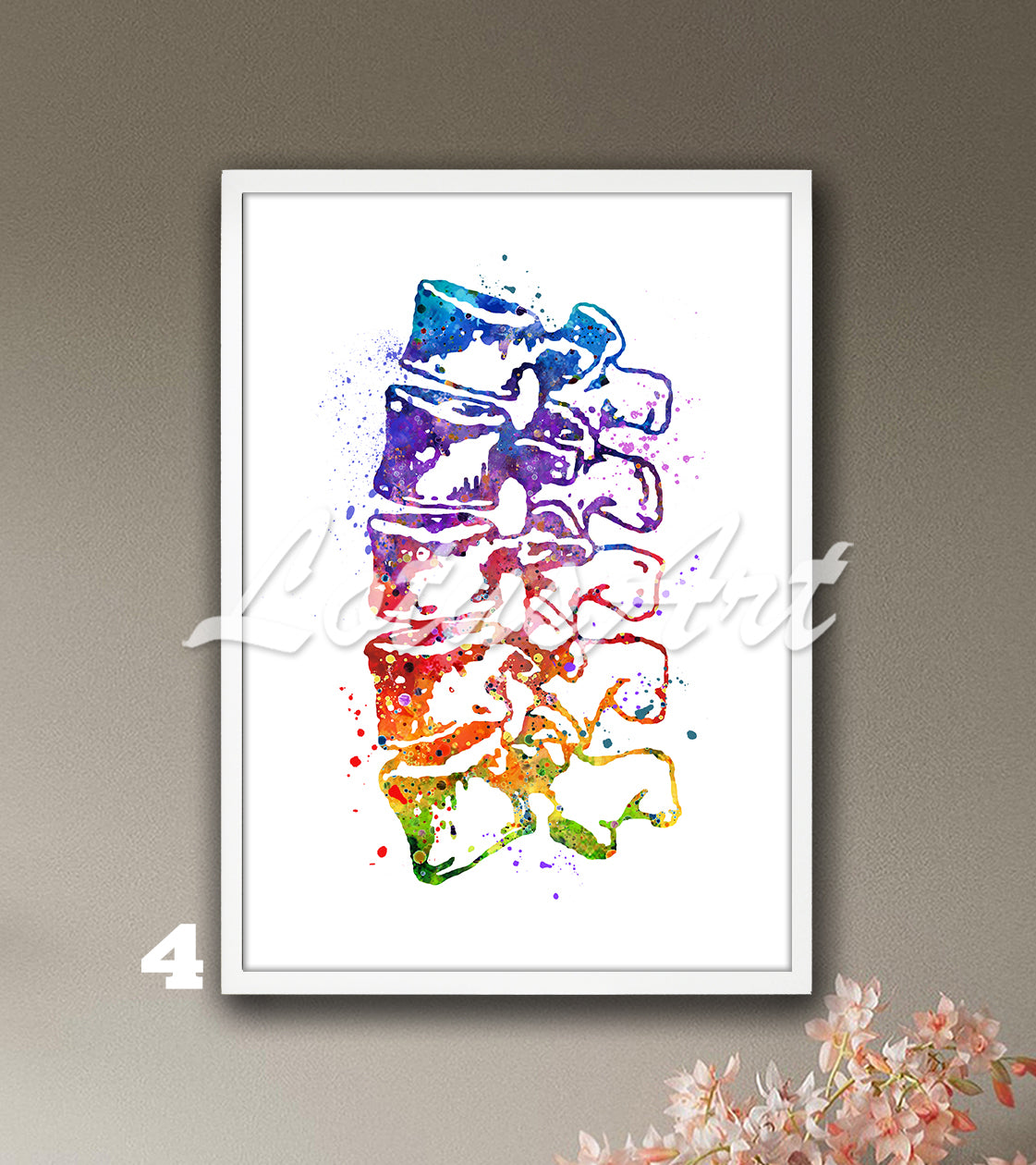 Lumbar vertebrae spine anatomy watercolor art in rainbow colors, medical wall decor for clinics & doctors gift