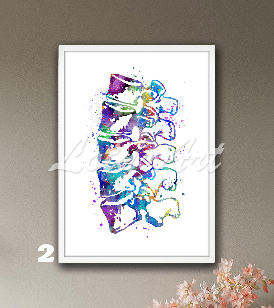 Lumbar vertebrae spine anatomy watercolor decor in blue-purple tones, medical wall decor for clinics & doctors gift