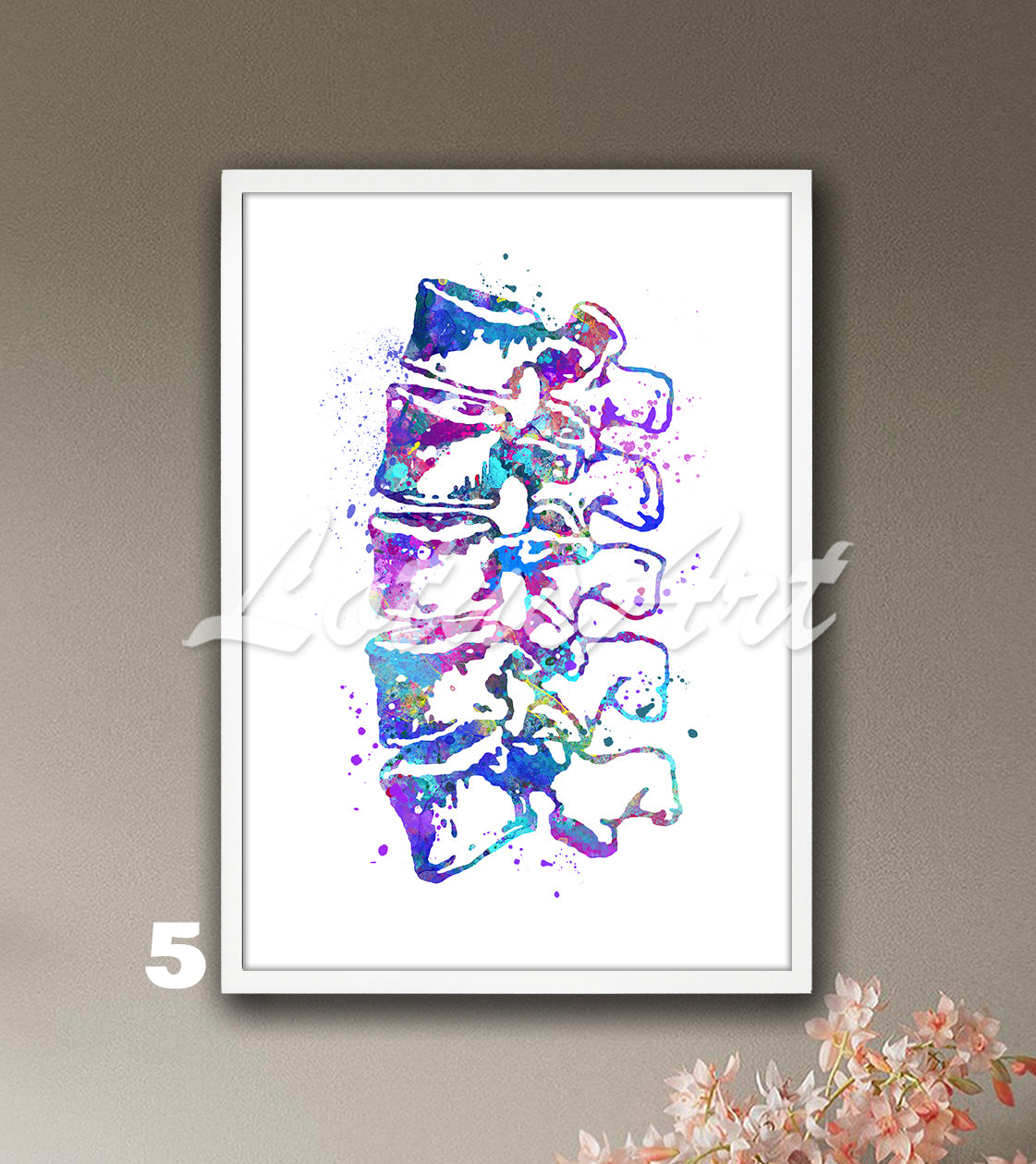 Spine medical wall decor for clinics & doctors gift – lumbar vertebrae anatomy watercolor painting in blue-purple