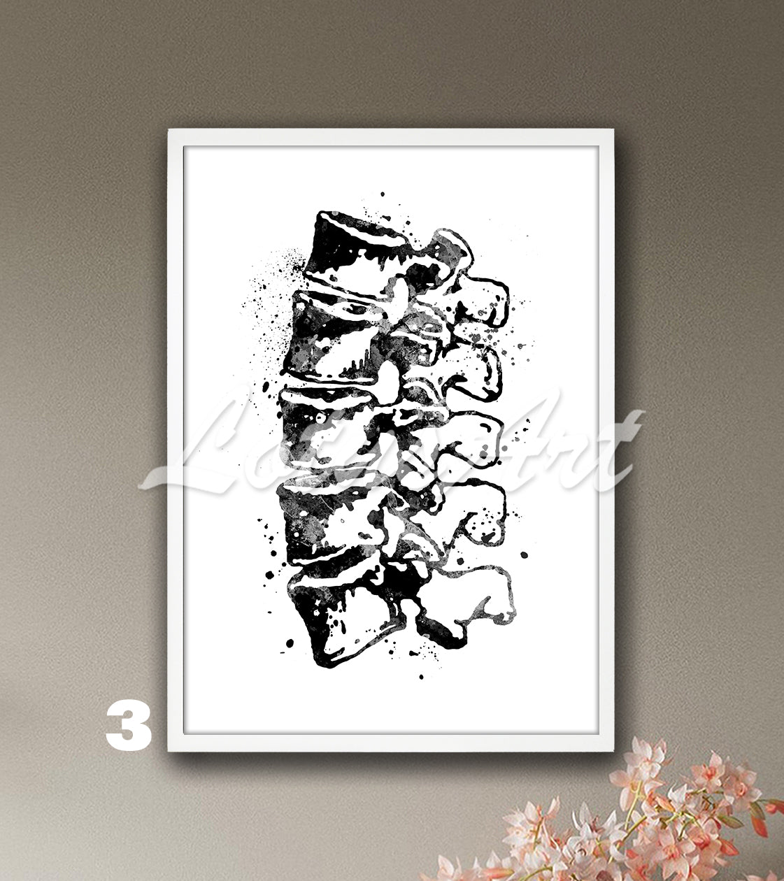 Lumbar vertebrae spine anatomy watercolor poster in black and white, medical wall decor for clinics & doctors gift