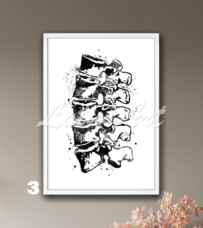 Lumbar vertebrae spine anatomy watercolor poster in black and white, medical wall decor for clinics & doctors gift