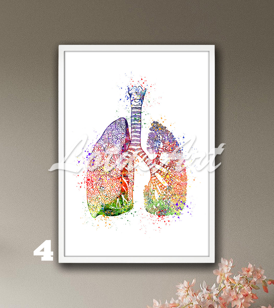 Art print in rainbow colors, depicting lungs anatomy - watercolor painting for medical science.