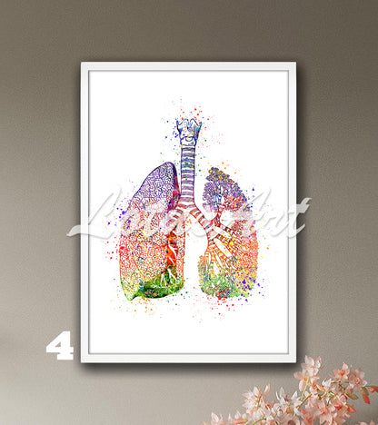 Art print in rainbow colors, depicting lungs anatomy - watercolor painting for medical science.