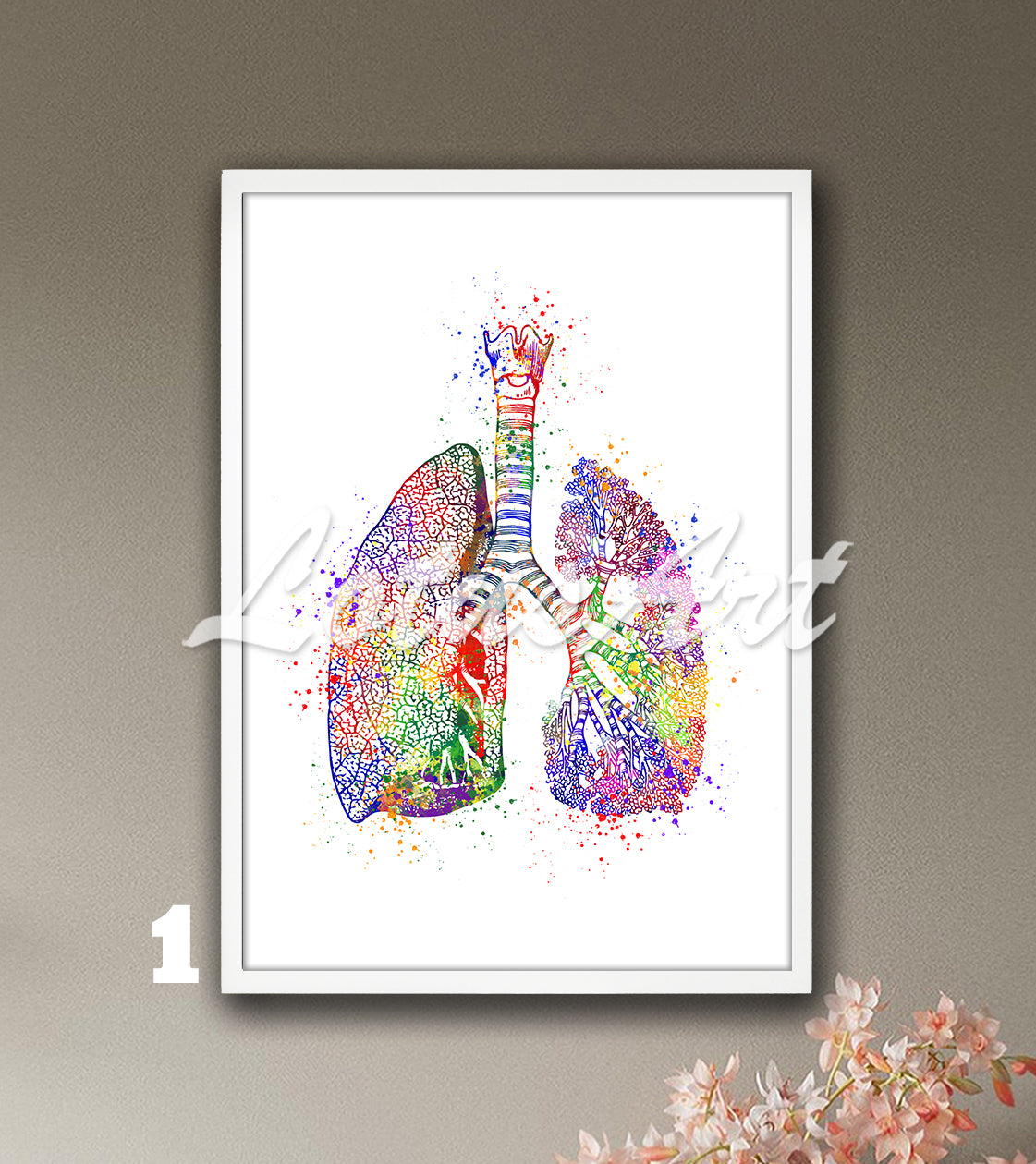 Art print showing lungs anatomy - watercolor painting for medical science in multicolor.