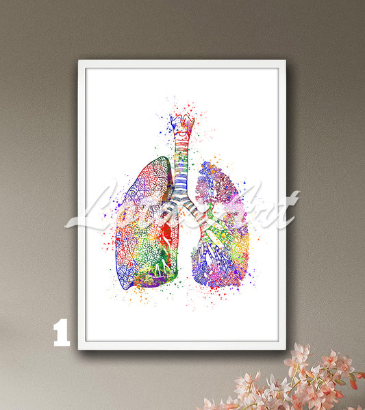 Art print showing lungs anatomy - watercolor painting for medical science in multicolor.