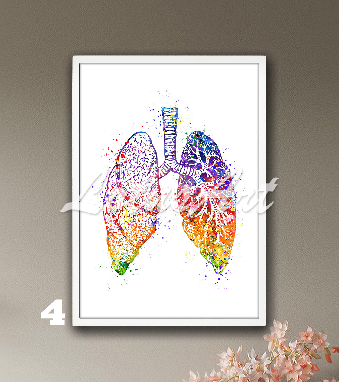 Art print showing lungs anatomy - watercolor painting for medical science in rainbow colors.