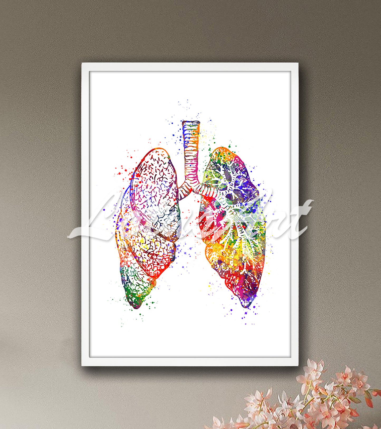 Human lungs anatomy art with trachea multicolor watercolor print - pulmonology medical office artwork