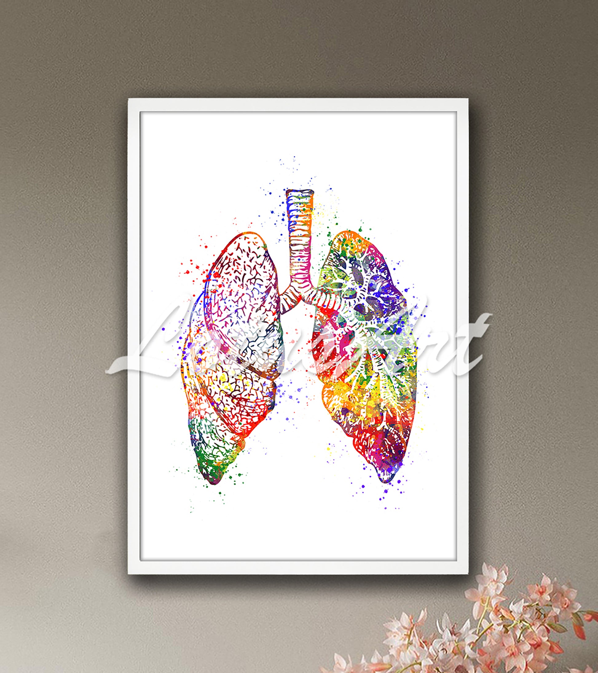 Human lungs anatomy art with trachea multicolor watercolor print - pulmonology medical office artwork