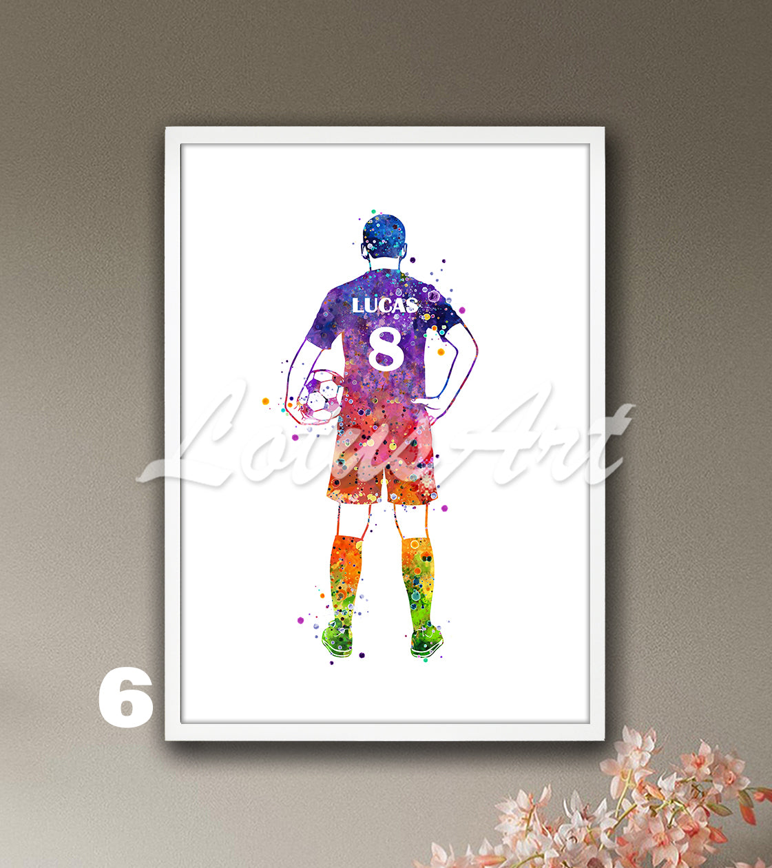 Custom sports art print depicting a male soccer player – watercolor painting in rainbow colors with name and jersey number.