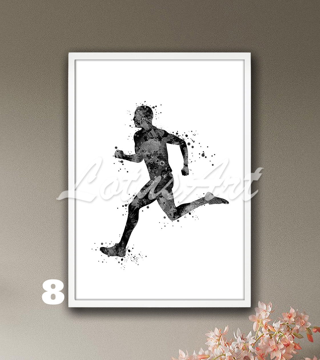 Man runner watercolor sports art in black white - minimalist boys room decor