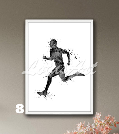 Man runner watercolor sports art in black white - minimalist boys room decor