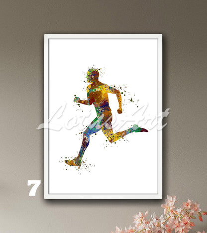 Men's running watercolor sports wall art - boys athlete room decor