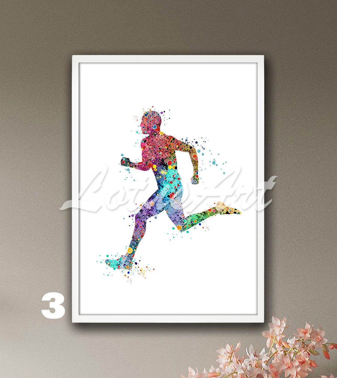 Men's running watercolor sports art decor - boys wall art in rainbow colors