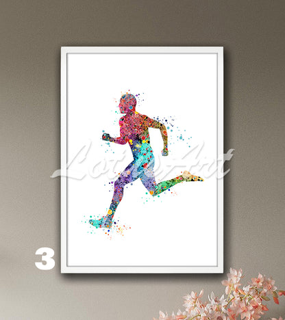 Men's running watercolor sports art decor - boys wall art in rainbow colors
