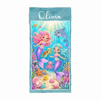 Personalized mermaid girls beach towel, custom name gift, sea animals vivid blue purple pink art print front view