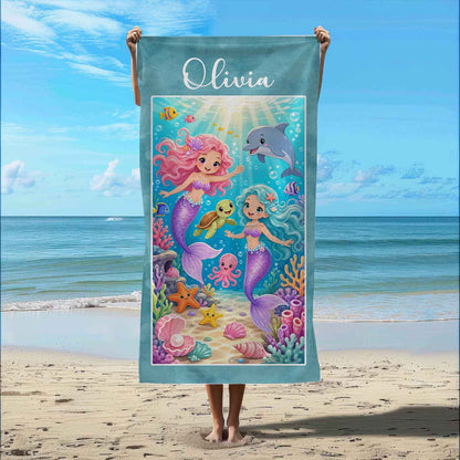 Personalized mermaid girls beach towel, custom name gift, sea animals vivid blue purple pink art print lifestyle beach