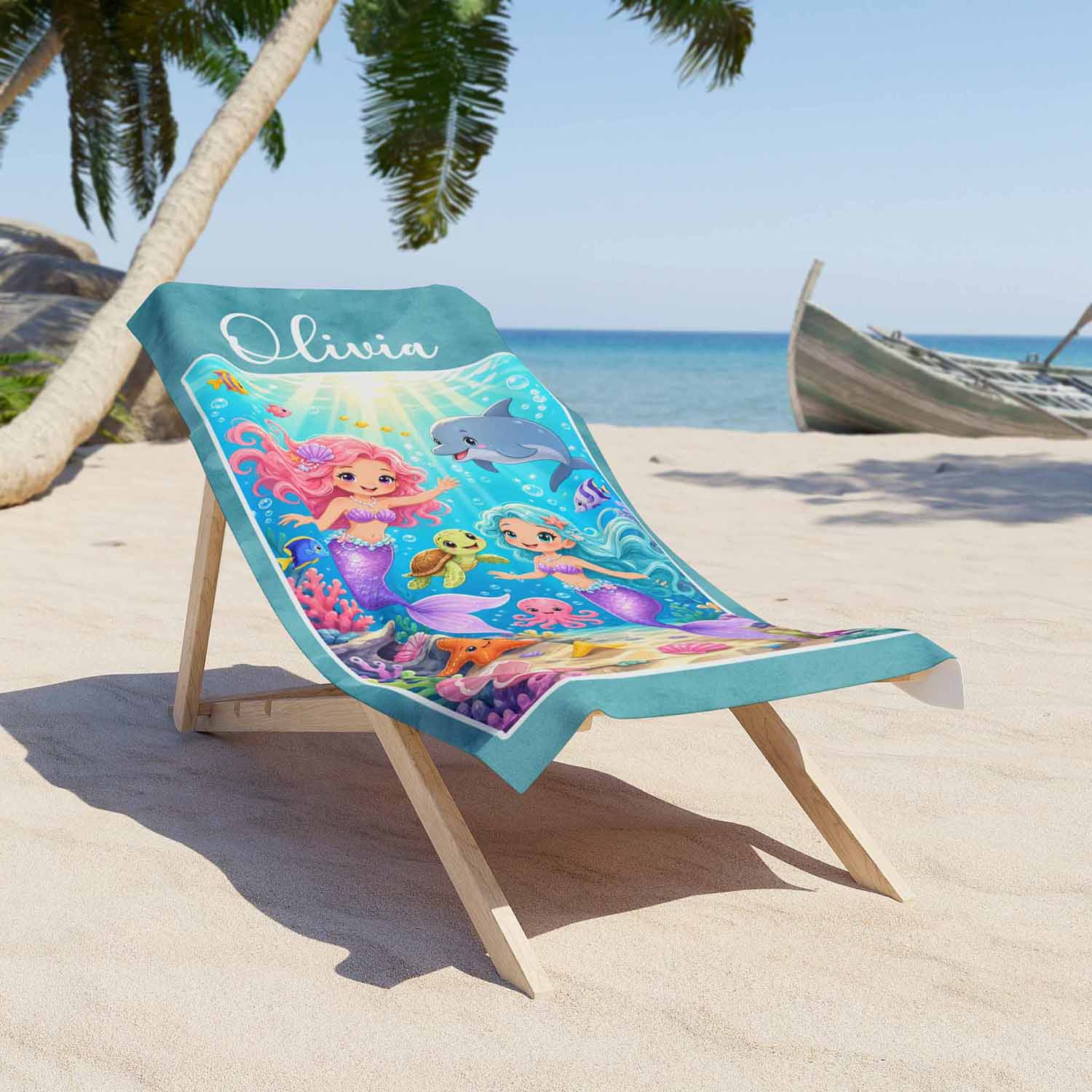 Personalized mermaid girls beach towel, custom name gift, sea animals vivid blue purple pink art print lifestyle lounger