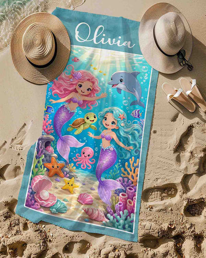 Personalized mermaid girls beach towel, custom name gift, sea animals vivid blue purple pink art print lifestyle sand
