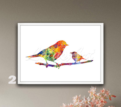Mom And Baby Bird Watercolor Print, Wildlife Nursery Wall Decor, Forest Birds Art