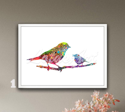 Mom And Baby Bird Watercolor Print, Wildlife Nursery Wall Decor, Forest Birds Art