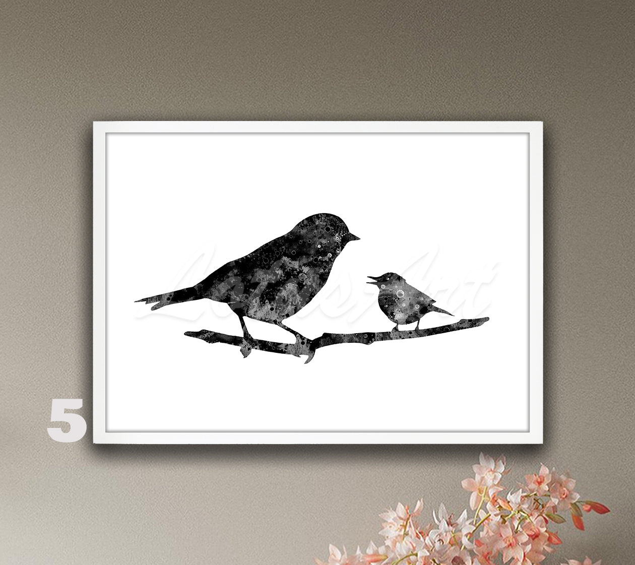 Mom And Baby Bird Watercolor Print, Wildlife Nursery Wall Decor, Forest Birds Art