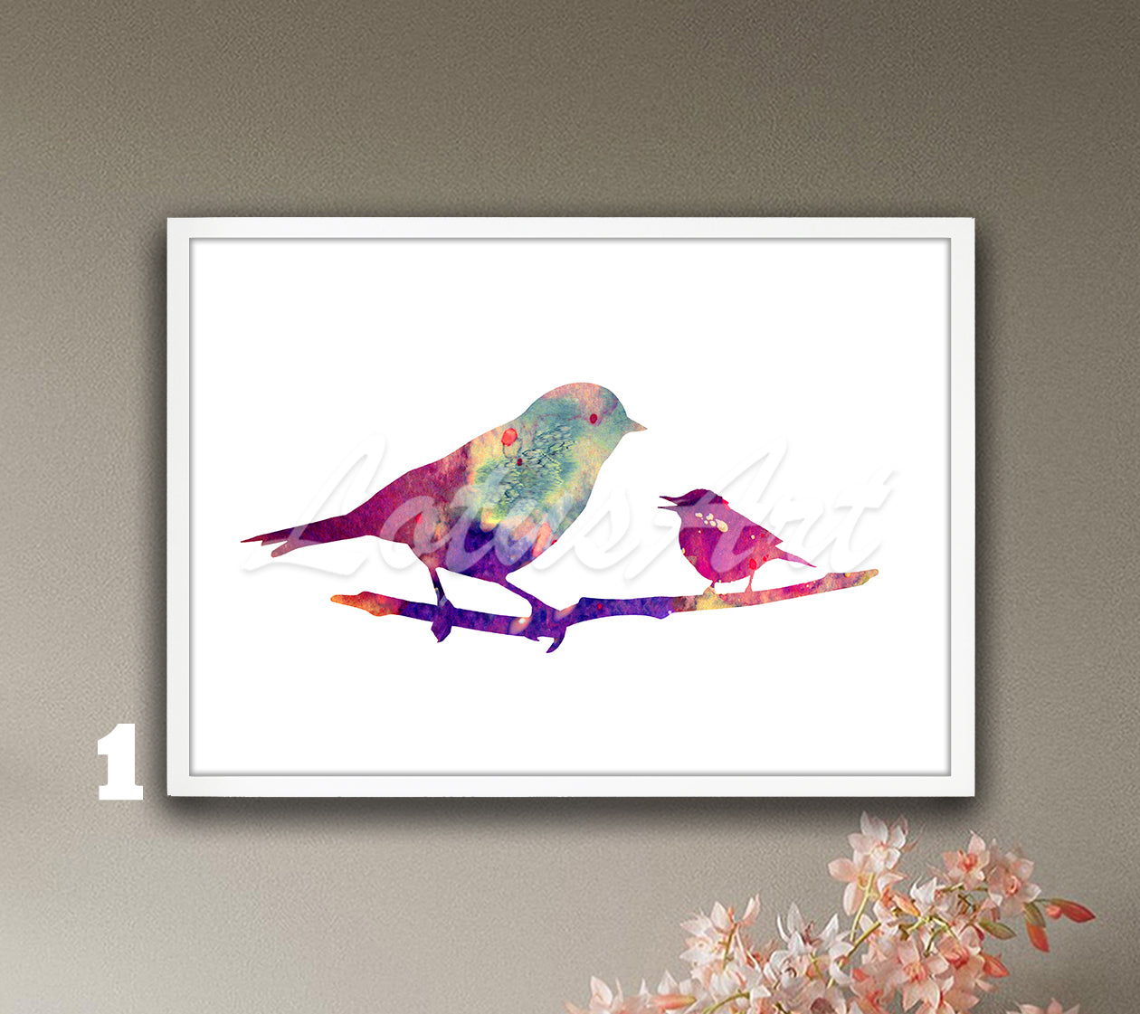 Mom And Baby Bird Watercolor Art Print, Forest Nursery Wall Decor, Wild Birds Painting