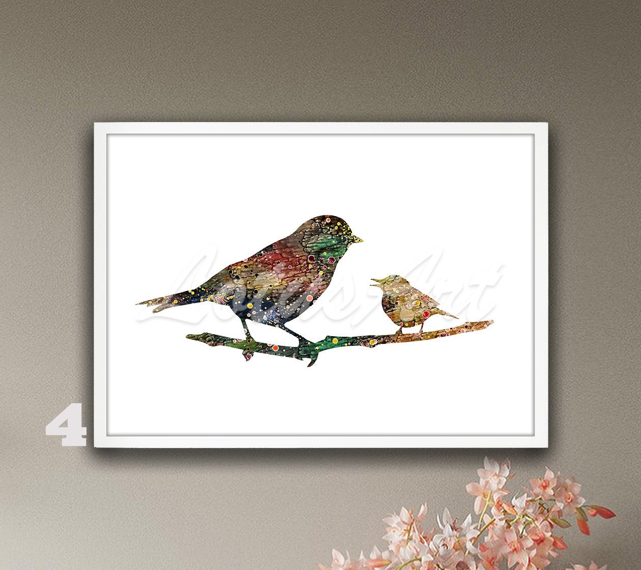 Mom And Baby Bird Watercolor Print, Wildlife Nursery Wall Decor, Forest Birds Art
