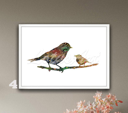 Mom And Baby Bird Watercolor Print, Wildlife Nursery Wall Decor, Forest Birds Art