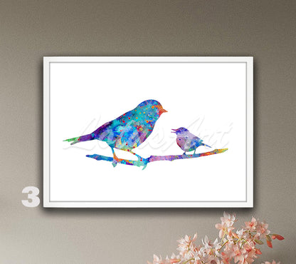 Mom And Baby Bird Watercolor Print, Wildlife Nursery Wall Decor, Forest Birds Art
