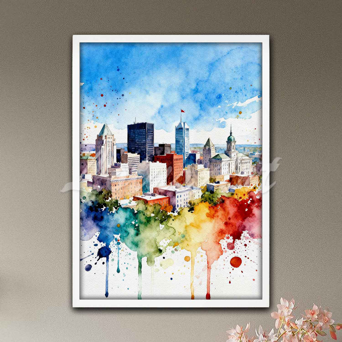 Montreal Skyline watercolor artwork in white wooden frame, Canada city wall decor & travel gift in multicolor tones