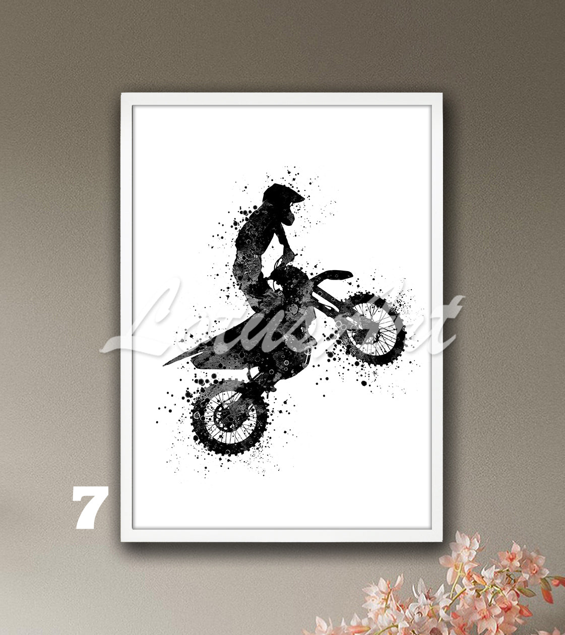 Motocross dirt bike sports black and white watercolor art print- minimalist kids room decor