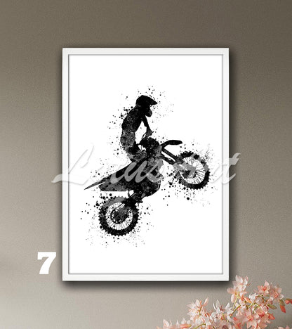 Motocross dirt bike sports black and white watercolor art print- minimalist kids room decor