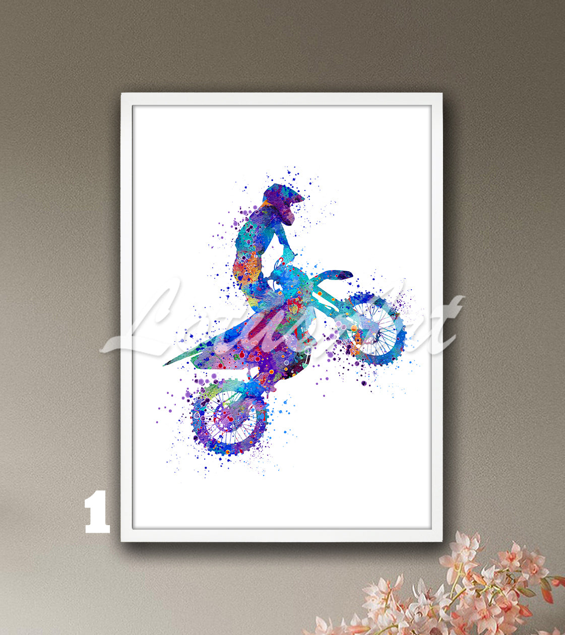 Sports art print depicting a boy motorcyclist – multicolor watercolor painting of dirt bike in motocross.