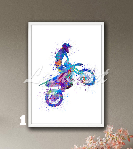 Sports art print depicting a boy motorcyclist – multicolor watercolor painting of dirt bike in motocross.