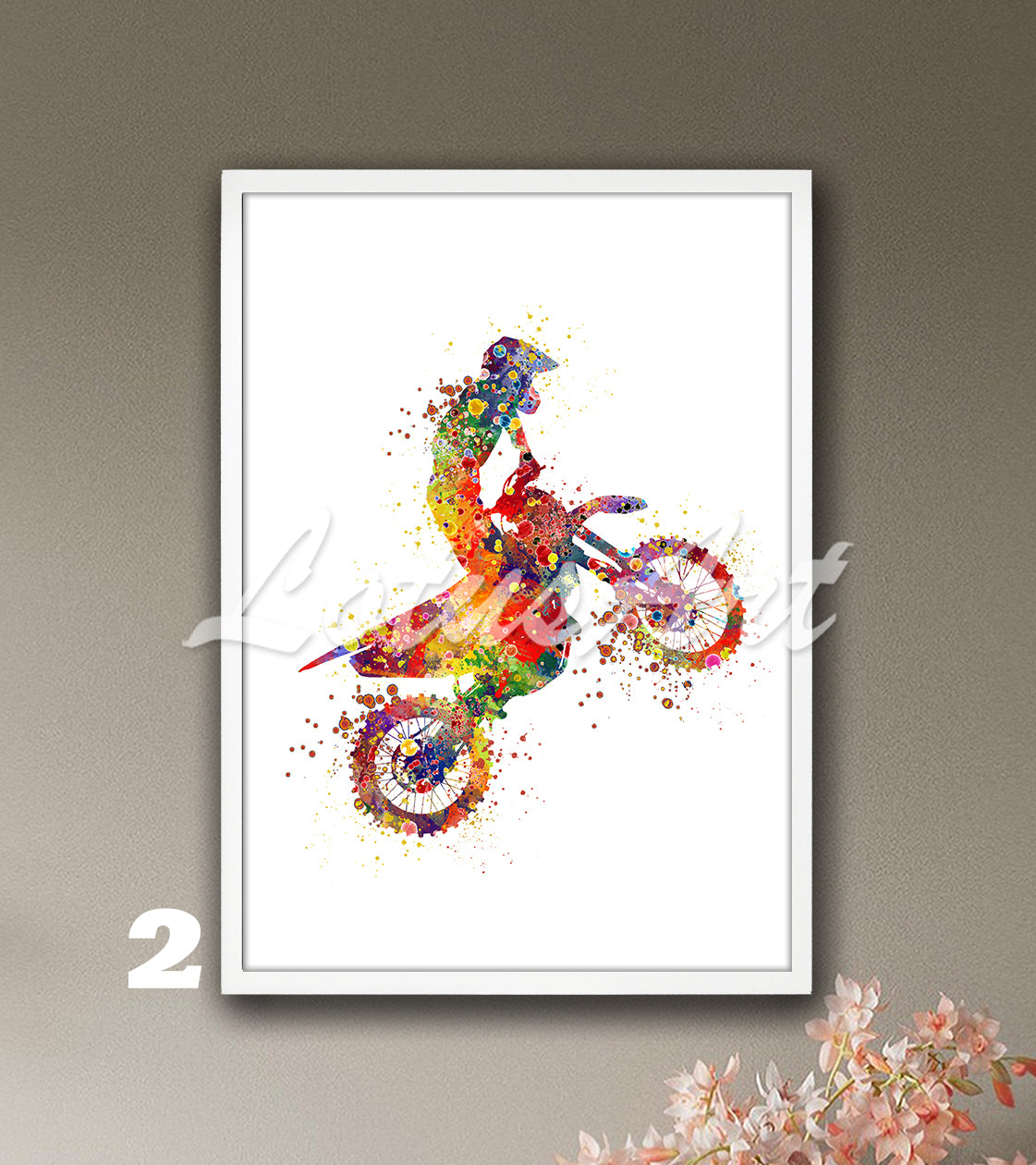 Sports art print depicting a boy motorcyclist – multi-color watercolor painting of dirt bike in motocross.