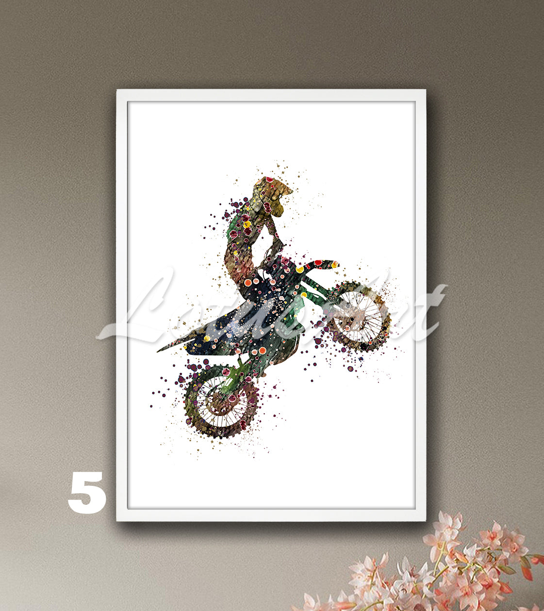 Sports art print depicting a boy motorcyclist – watercolor painting of dirt bike in brown pastel colors.