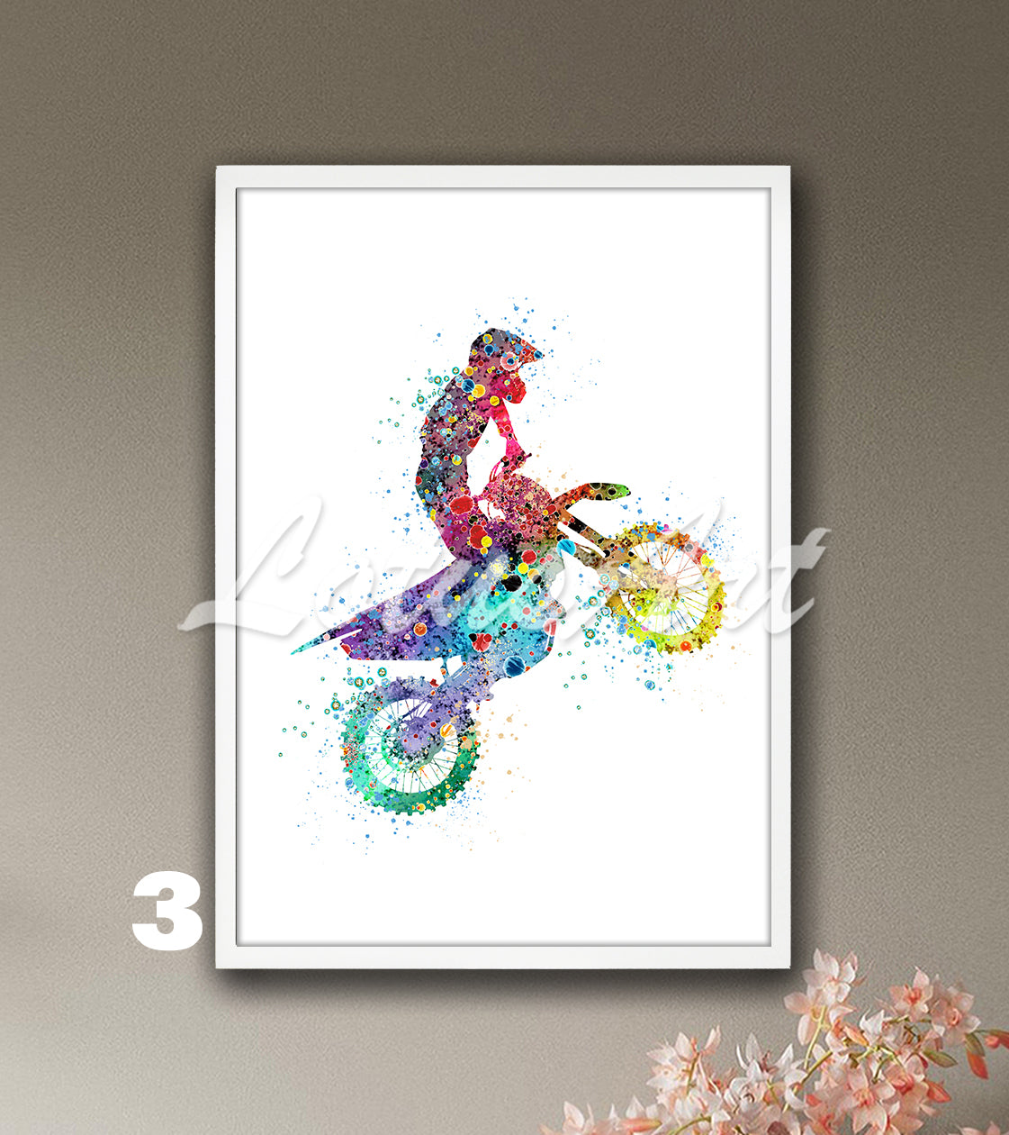 Sports art print depicting a boy motorcyclist – multicolor watercolor painting of dirt bike in rainbow colors